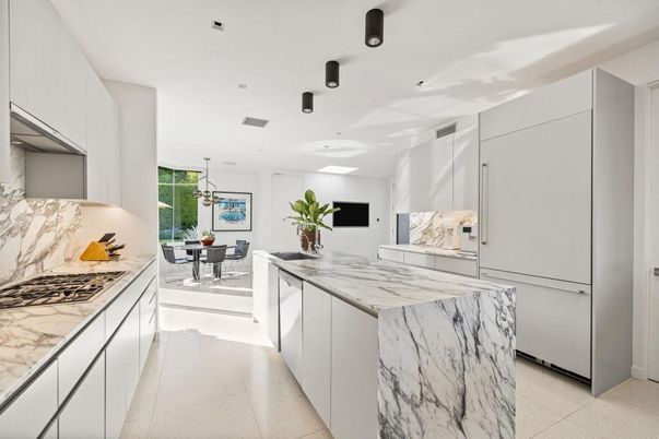 Dining room, Interior, Kitchen, Marble Walls, Pendant Lights, Recessed Lighting
