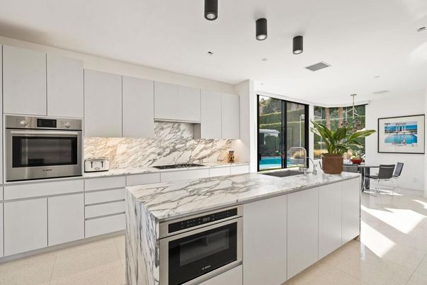 Dining room, Interior, Kitchen, Marble Walls, Recessed Lighting, Stainless Steel Appliances