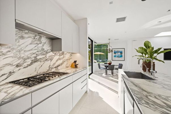 Dining room, Interior, Kitchen, Marble Walls, Pendant Lights, Recessed Lighting
