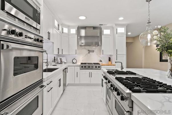 Interior, Kitchen, Marble, Pendant Lights, Recessed Lighting, Stainless Steel Appliances