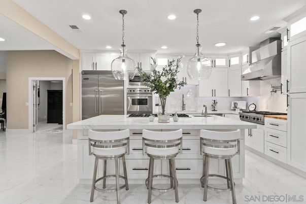 Interior, Kitchen, Marble, Pendant Lights, Recessed Lighting, Stainless Steel Appliances
