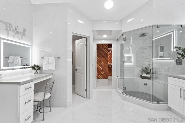 Bathroom, Glass Shower, Interior, Marble, Marble Walls, Recessed Lighting