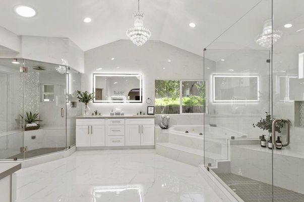 Bathroom, Chandelier, Dual Sink Vanities, Glass Shower, Interior, Marble, Marble Walls, Recessed Lighting