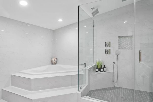 Bathroom, Glass Shower, Interior, Marble Walls, Recessed Lighting
