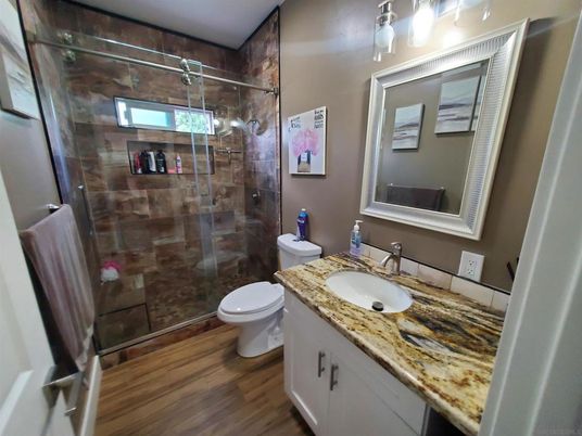 Bathroom, Glass Shower, Interior, Wood Texture Flooring