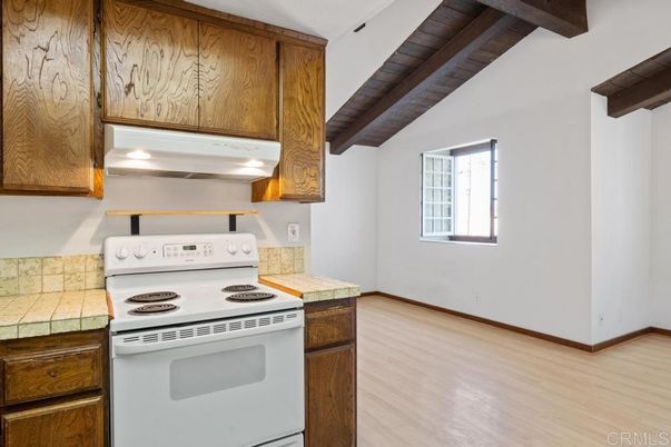 Interior, Kitchen, Tile Countertops, Wooden Beams, Wooden Ceilings, Wood Texture Flooring