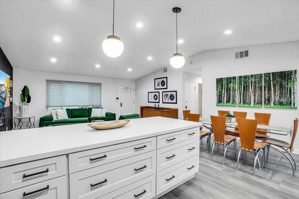 Dining room, Interior, Pendant Lights, Recessed Lighting, Wood Texture Flooring