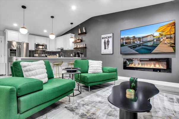 Fireplace, Interior, Kitchen, Living room, Marble, Pendant Lights, Recessed Lighting, Stainless Steel Appliances