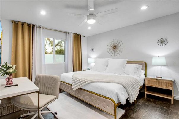Bedroom, Home Office, Interior, Recessed Lighting, Wood Texture Flooring