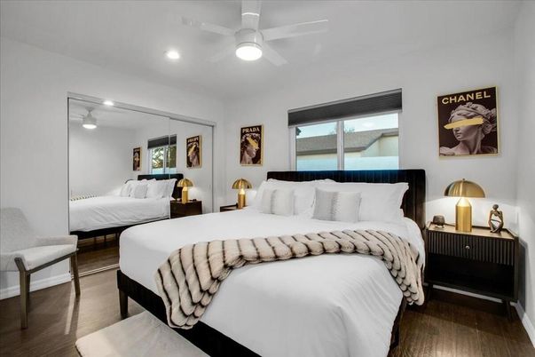Bedroom, Interior, Recessed Lighting, Wood Texture Flooring