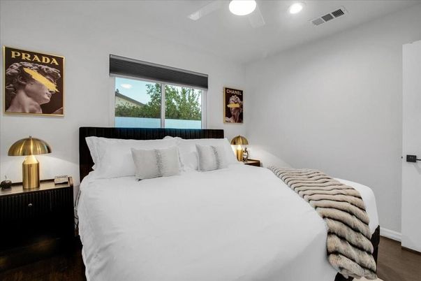 Bedroom, Interior, Recessed Lighting, Wood Texture Flooring