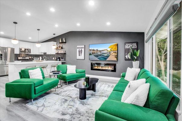 Fireplace, Interior, Kitchen, Living room, Pendant Lights, Recessed Lighting, Stainless Steel Appliances