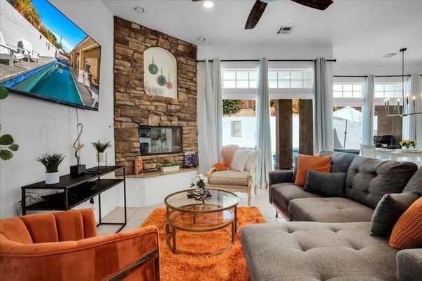 Fireplace, Interior, Living room, Pendant Lights, Recessed Lighting, Stone Walls