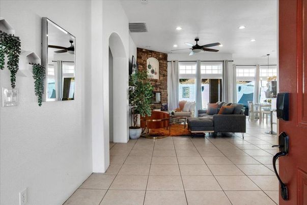 Fireplace, Interior, Living room, Pendant Lights, Recessed Lighting, Stone Walls