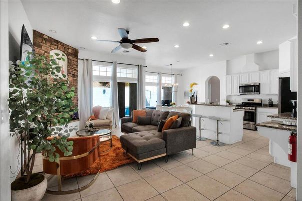 Interior, Kitchen, Living room, Pendant Lights, Recessed Lighting, Stainless Steel Appliances, Stone Walls