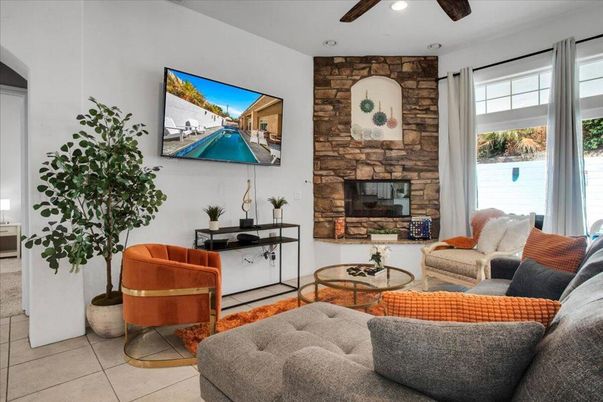 Fireplace, Interior, Living room, Recessed Lighting, Stone Walls
