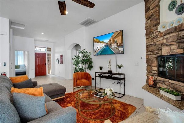 Fireplace, Interior, Living room, Recessed Lighting, Stone Walls
