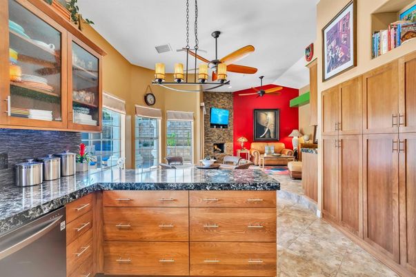 Fireplace, Interior, Kitchen, Living room, Pendant Lights