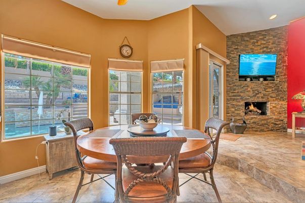 Dining room, Fireplace, Interior, Recessed Lighting, Stone Walls
