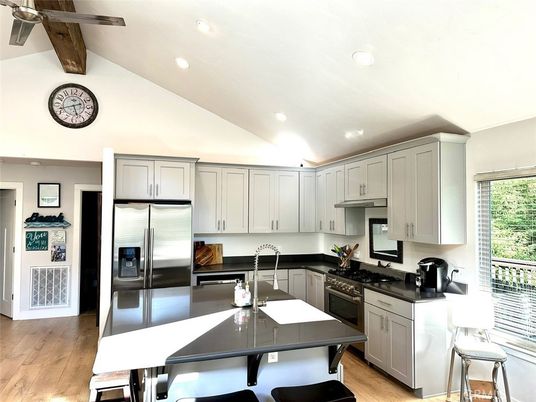 Interior, Kitchen, Recessed Lighting, Stainless Steel Appliances, Wooden Beams, Wood Texture Flooring