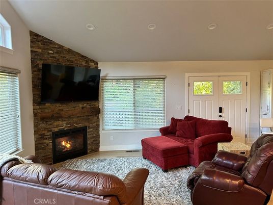 Fireplace, Interior, Living room, Recessed Lighting, Stone Walls