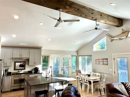 Dining room, Interior, Kitchen, Recessed Lighting, Stainless Steel Appliances, Wooden Beams, Wood Texture Flooring