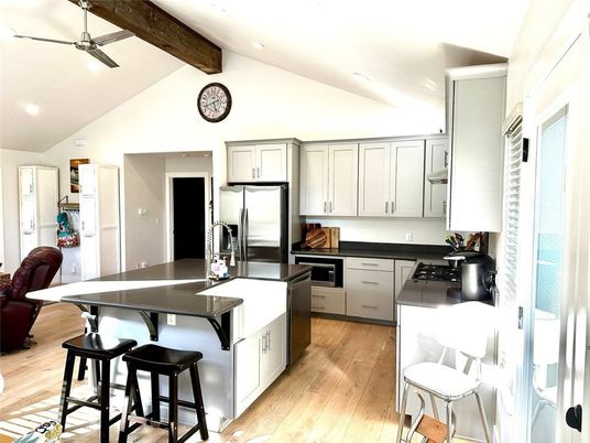 Interior, Kitchen, Recessed Lighting, Stainless Steel Appliances, Wooden Beams, Wood Texture Flooring