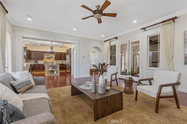 Chandelier, Interior, Kitchen, Living room, Recessed Lighting, Wood Texture Flooring