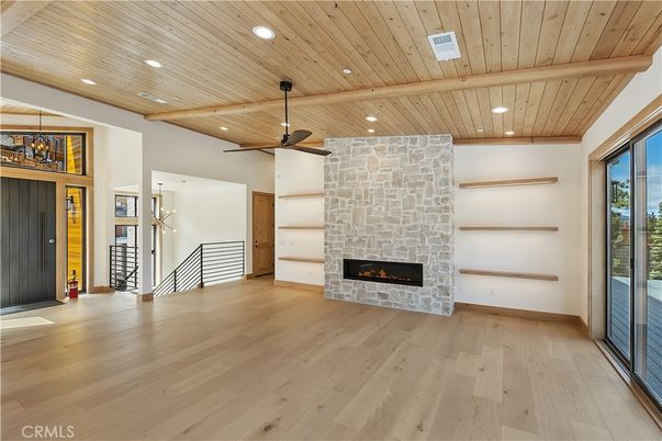 Empty room, Fireplace, Interior, Recessed Lighting, Wooden Beams, Wooden Ceilings, Wood Texture Flooring