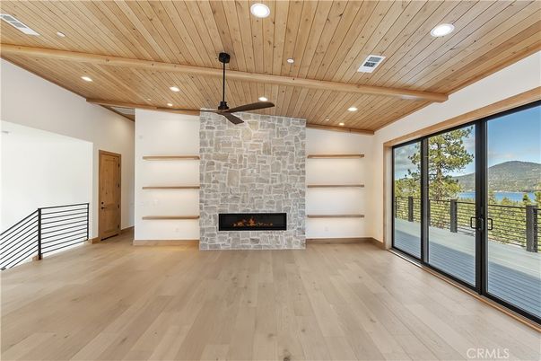 Empty room, Fireplace, Interior, Recessed Lighting, Wooden Beams, Wooden Ceilings, Wood Texture Flooring