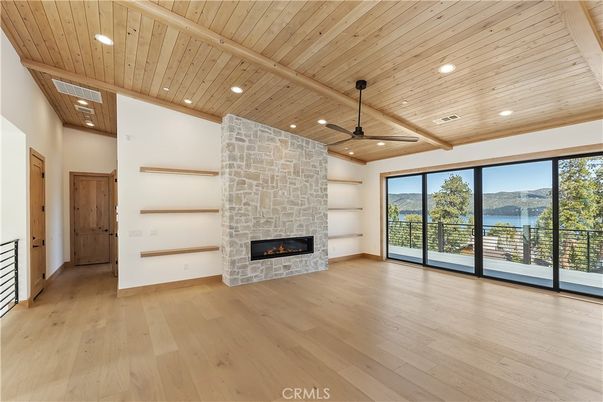 Empty room, Fireplace, Interior, Recessed Lighting, Wooden Beams, Wooden Ceilings, Wood Texture Flooring