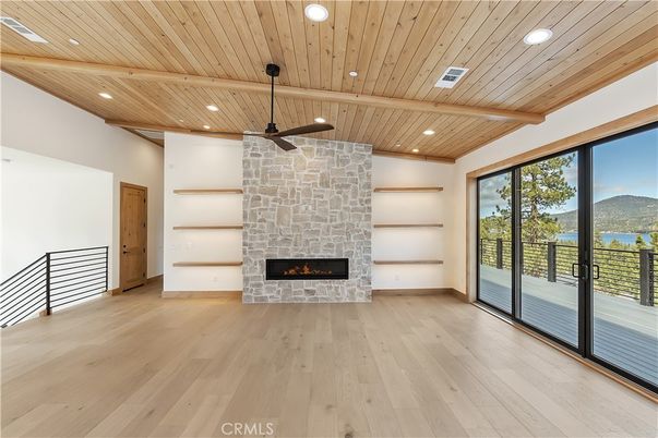 Empty room, Fireplace, Interior, Recessed Lighting, Wooden Beams, Wooden Ceilings, Wood Texture Flooring
