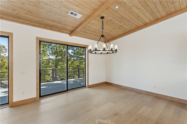 Chandelier, Empty room, Interior, Recessed Lighting, Wooden Beams, Wooden Ceilings, Wood Texture Flooring