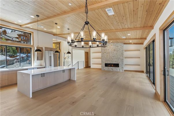 Chandelier, Fireplace, Interior, Kitchen, Pendant Lights, Recessed Lighting, Wooden Beams, Wooden Ceilings, Wood Texture Flooring