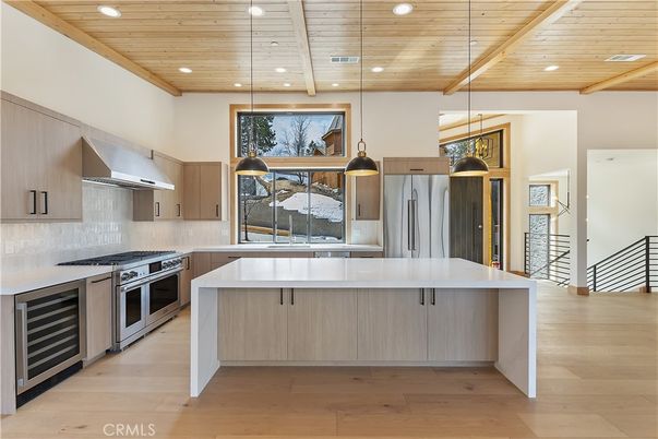 Interior, Kitchen, Pendant Lights, Recessed Lighting, Stainless Steel Appliances, Wooden Ceilings, Wood Texture Flooring