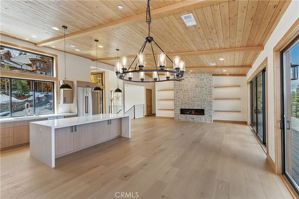 Chandelier, Fireplace, Interior, Kitchen, Pendant Lights, Recessed Lighting, Wooden Beams, Wooden Ceilings, Wood Texture Flooring