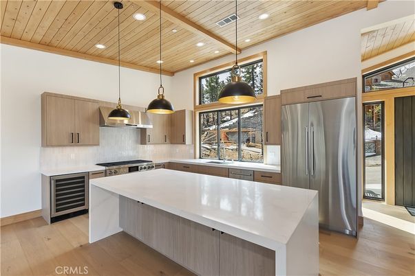 Interior, Kitchen, Pendant Lights, Recessed Lighting, Stainless Steel Appliances, Wooden Ceilings, Wood Texture Flooring