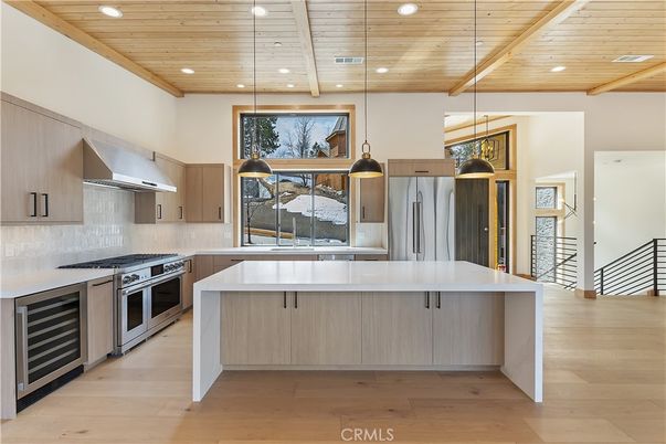 Interior, Kitchen, Pendant Lights, Recessed Lighting, Stainless Steel Appliances, Wooden Ceilings, Wood Texture Flooring
