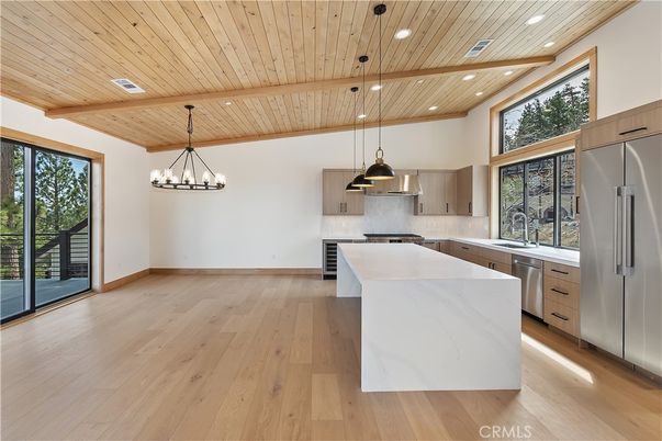 Chandelier, Interior, Kitchen, Pendant Lights, Recessed Lighting, Stainless Steel Appliances, Wooden Beams, Wooden Ceilings, Wood Texture Flooring