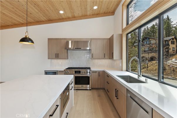 Interior, Kitchen, Pendant Lights, Recessed Lighting, Stainless Steel Appliances, Wooden Ceilings, Wood Texture Flooring