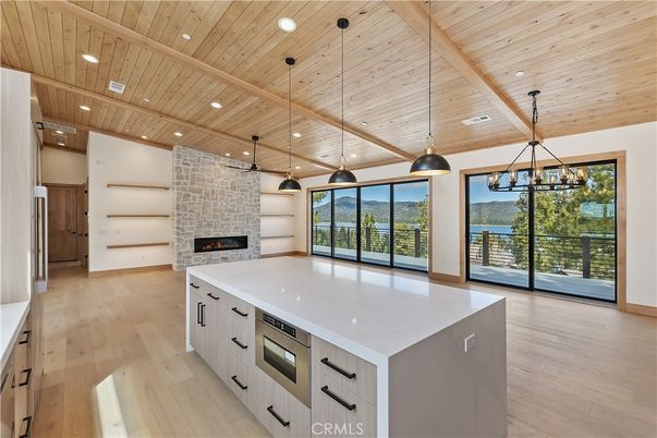 Fireplace, Interior, Kitchen, Pendant Lights, Recessed Lighting, Water, Wooden Beams, Wooden Ceilings, Wood Texture Flooring