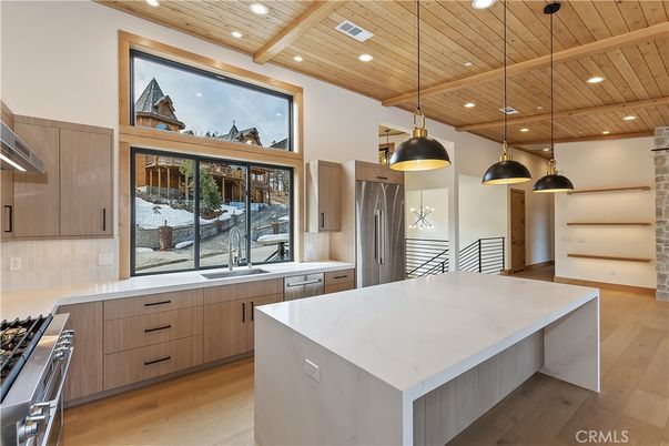 Interior, Kitchen, Pendant Lights, Recessed Lighting, Stainless Steel Appliances, Wooden Beams, Wooden Ceilings, Wood Texture Flooring