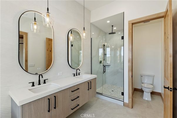 Bathroom, Dual Sink Vanities, Glass Shower, Interior, Pendant Lights, Recessed Lighting