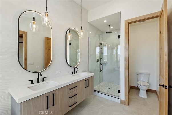 Bathroom, Dual Sink Vanities, Glass Shower, Interior, Pendant Lights, Recessed Lighting