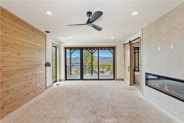 Empty room, Fireplace, Interior, Recessed Lighting, Wooden Walls