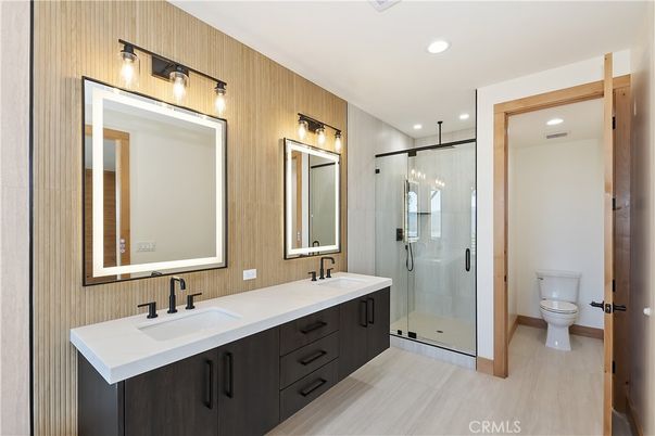 Bathroom, Dual Sink Vanities, Glass Shower, Interior, Recessed Lighting