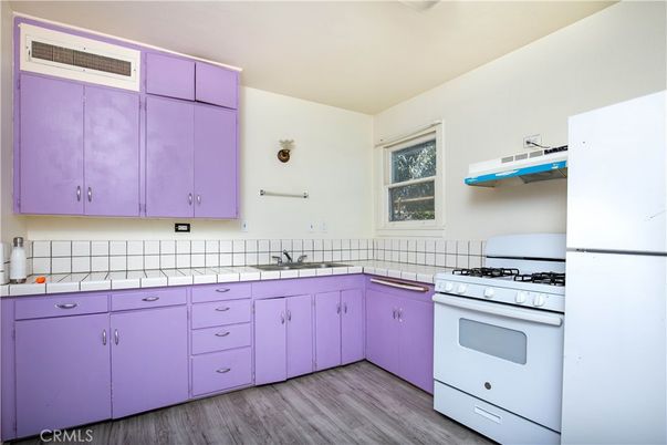 Interior, Kitchen, Tile Countertops, Wood Texture Flooring
