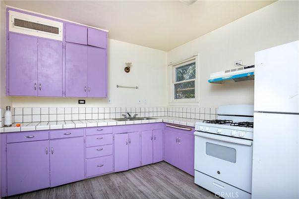 Interior, Kitchen, Tile Countertops, Wood Texture Flooring
