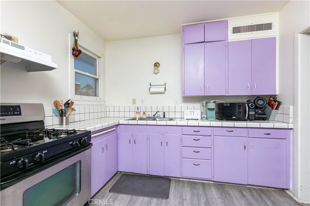Interior, Kitchen, Tile Countertops, Wood Texture Flooring