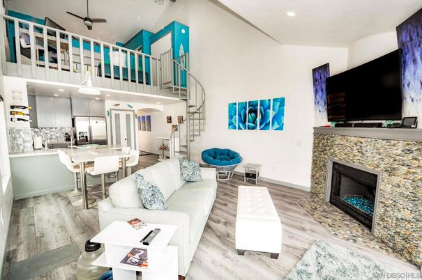 Fireplace, Interior, Kitchen, Living room, Recessed Lighting, Wood Texture Flooring